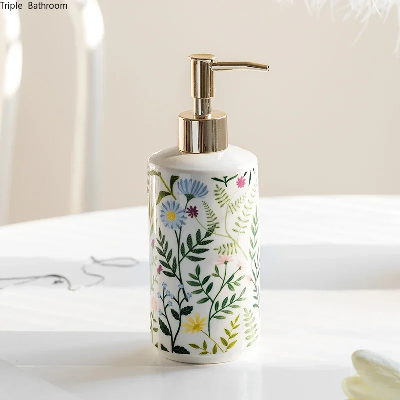 1 pc 430ml Liquid Shampoo Ceramics Bottle American Style Flower Pattern Home Lotion Bottle Dispenser Hotel Bathroom Supplies