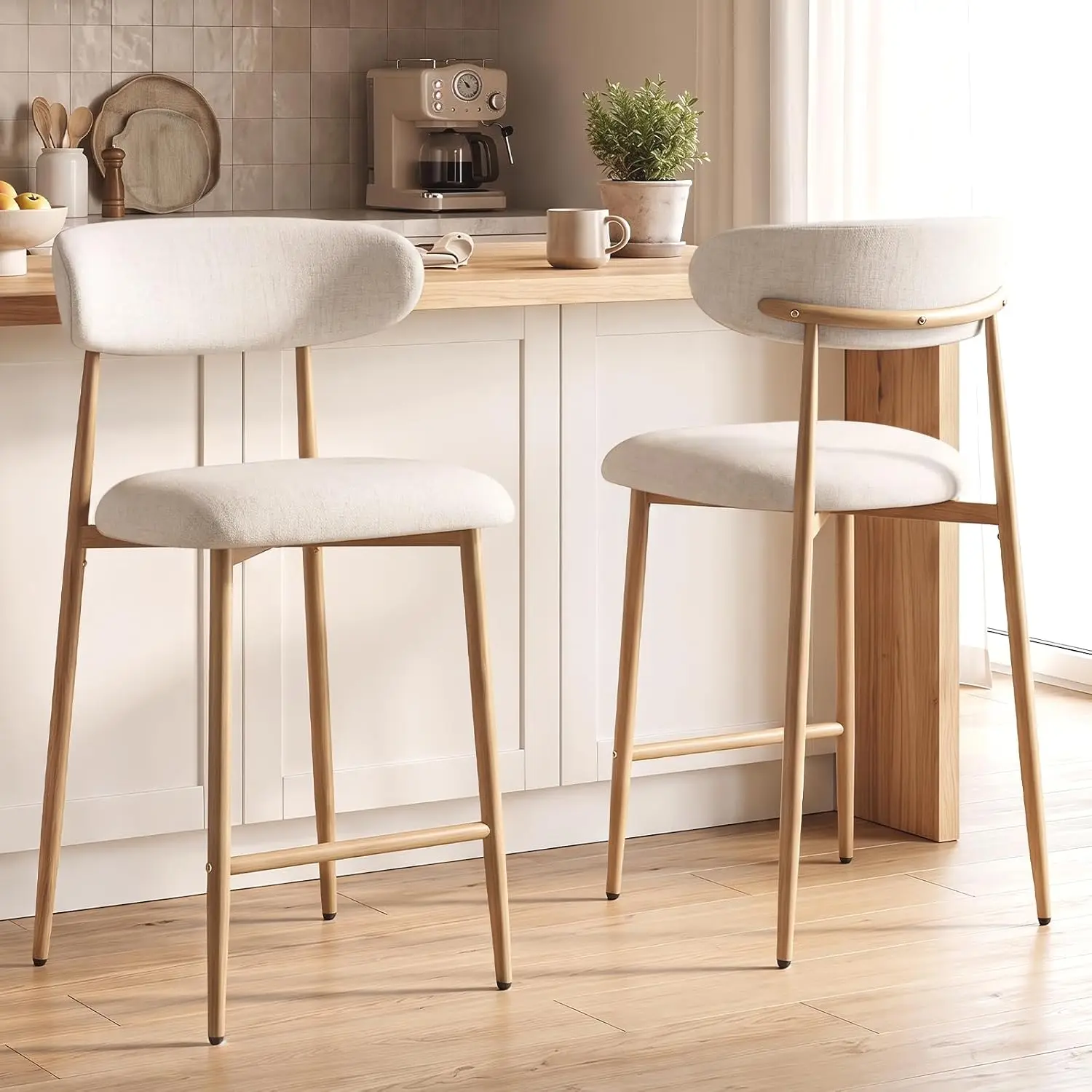 26‘’ Counter Height Bar Stools Set of 2, Mid Century Modern Linen Barstools with Curved Back and Natural Wood Grain Metal Legs