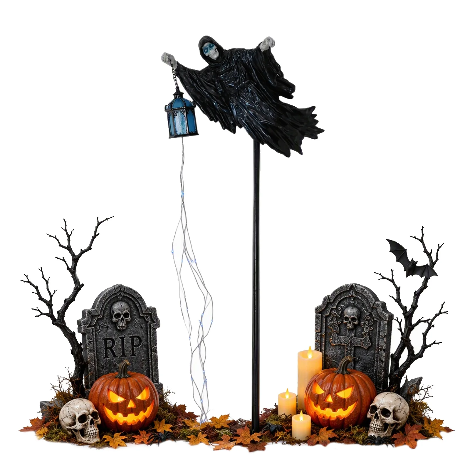 Lawn Garden Halloween Light Gothic Skull Lantern Yard Stake Grim Reaper Glowing Ghost Soul Rising