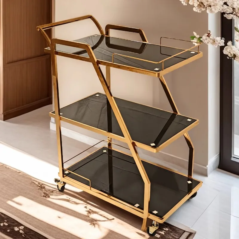 Hotel Buffet Wedding Equipment Vintage Airline Food Cake Wine Service Cart 3 Tier Black Tray Gold Plated Stainless Steel Trolley