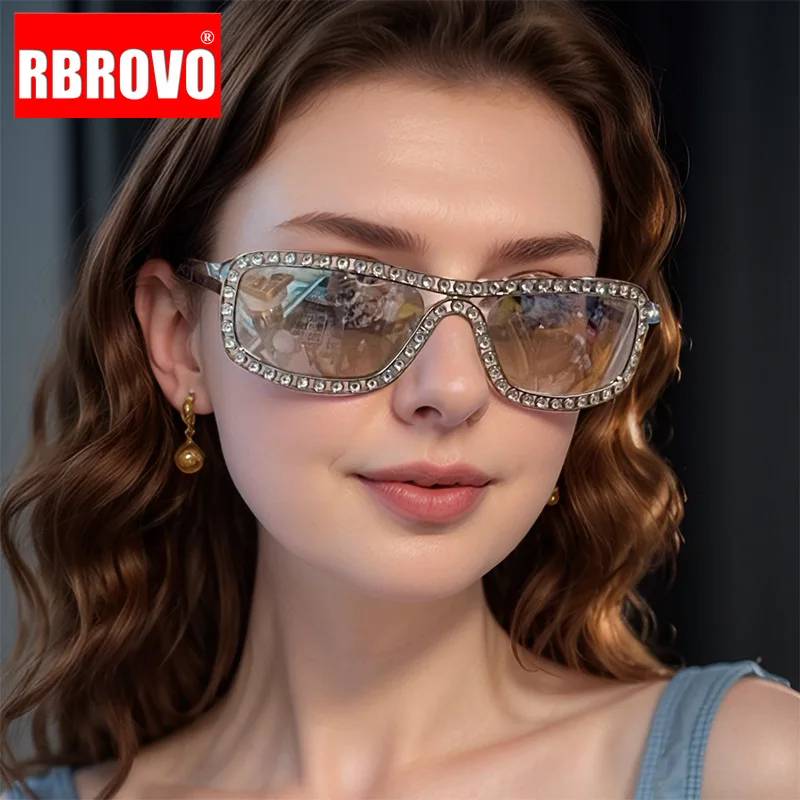 RBROVO Fashion Luxury Diamond Square Sunglasses Women Retro Punk Personalized Glasses Sparkling Full-frame Eyewear UV400 new