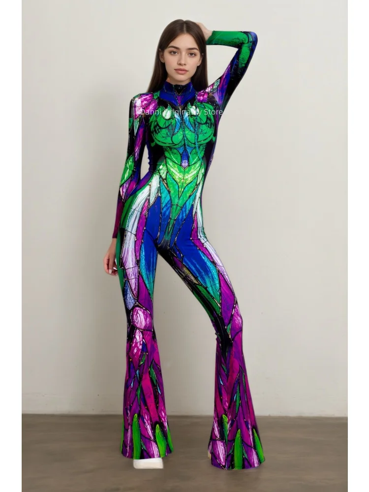 Peacock Cosplay 3D Feathers Print Flare Jumpsuit Women Colorful Long Sleeve Bodysuit Party Stage Rave Festival Performance Suits view 4