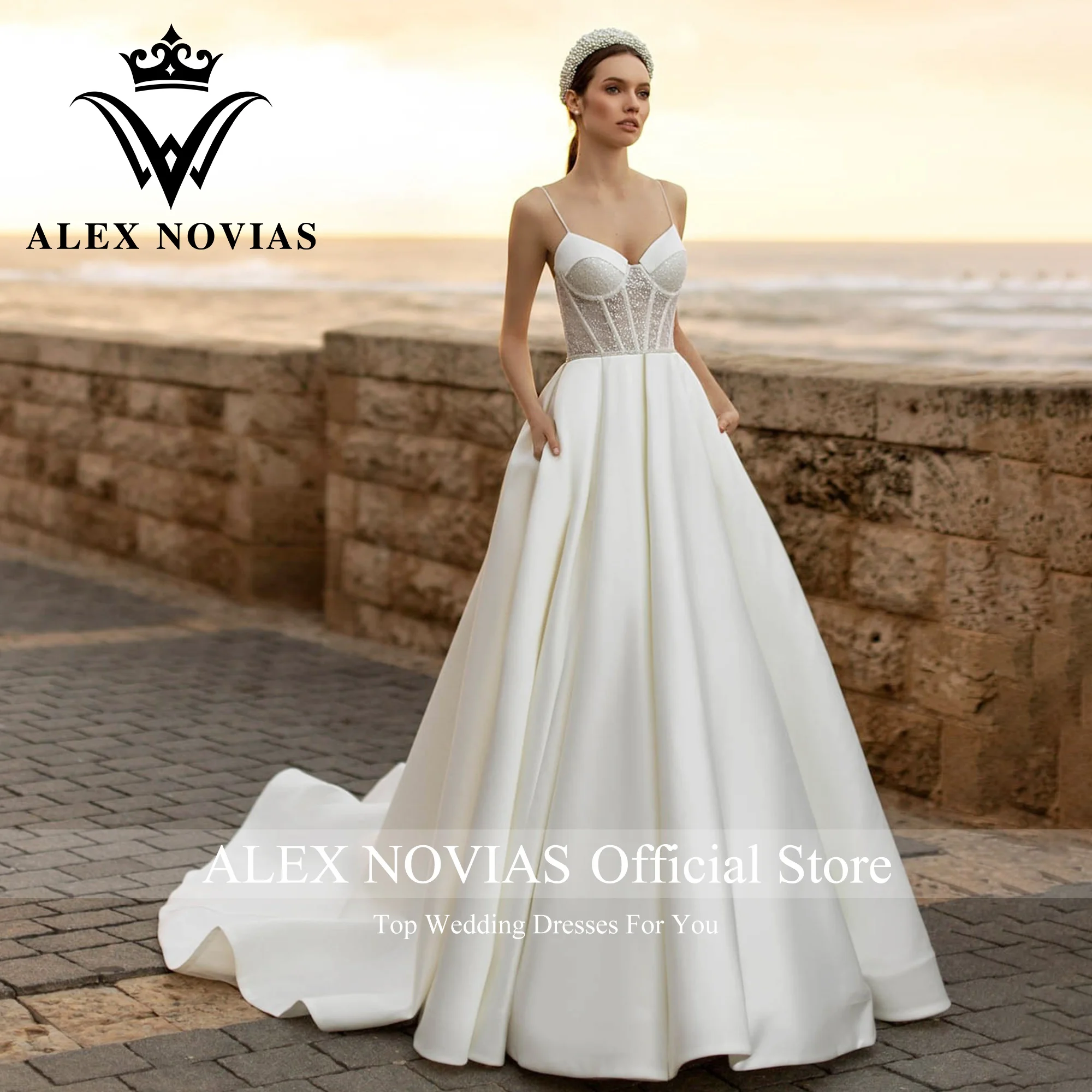 ALEX NOVIAS-vestido De novia De satén con bolsillos, traje brillante con tirantes finos, escote Corazón, 2023