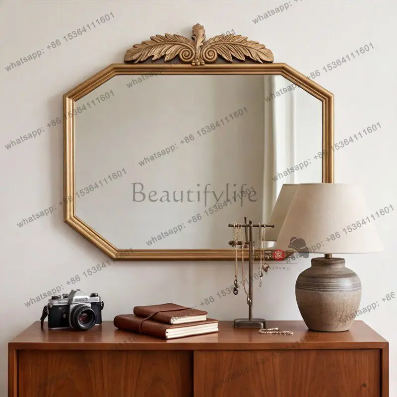 European retro premium vanity mirror wall-mounted living room entrance octagonal carved border vanity mirror 3