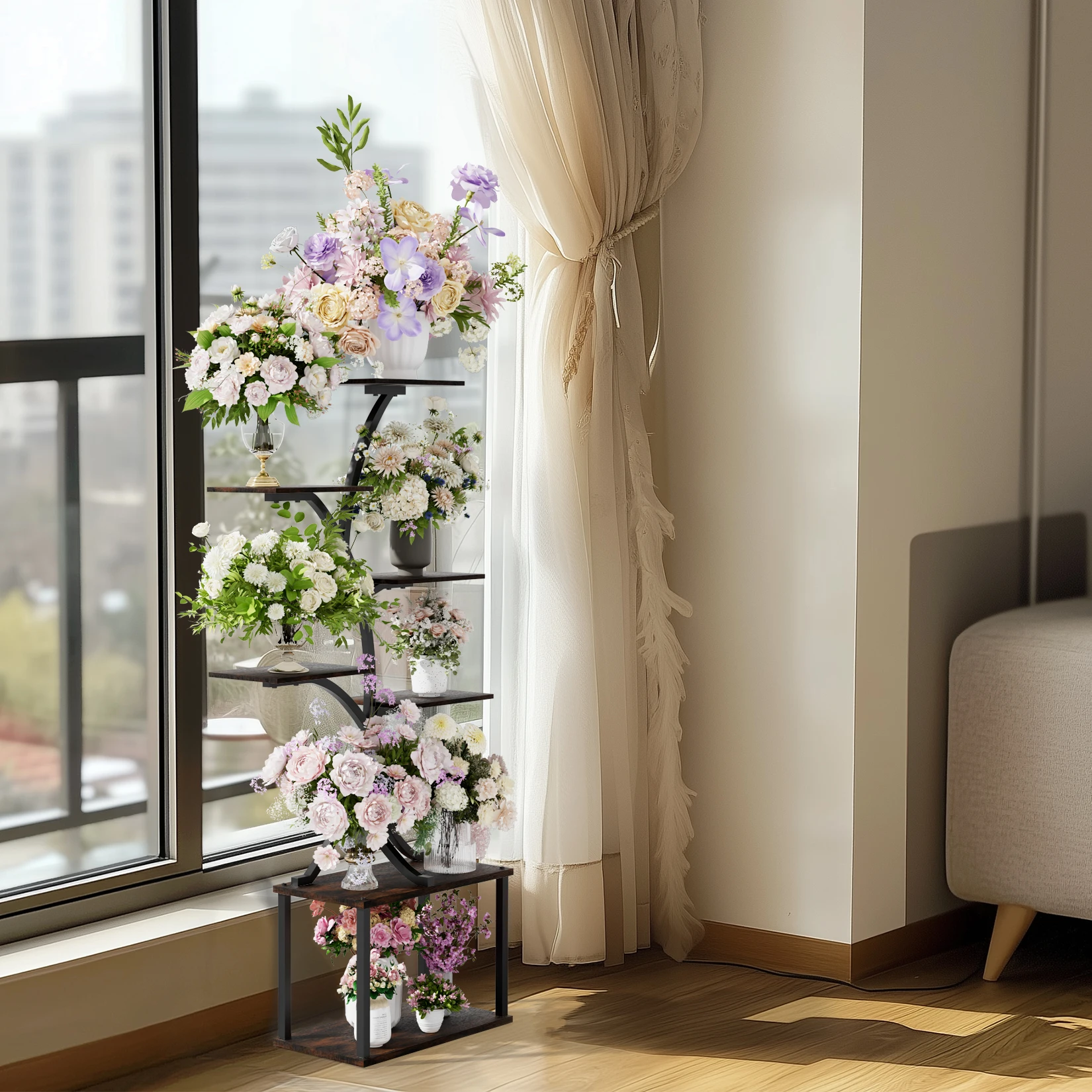 Tree-Shaped Industrial Plant Stand Display Rack Corner Flower Holder Multiple Shelves Organizer Rack