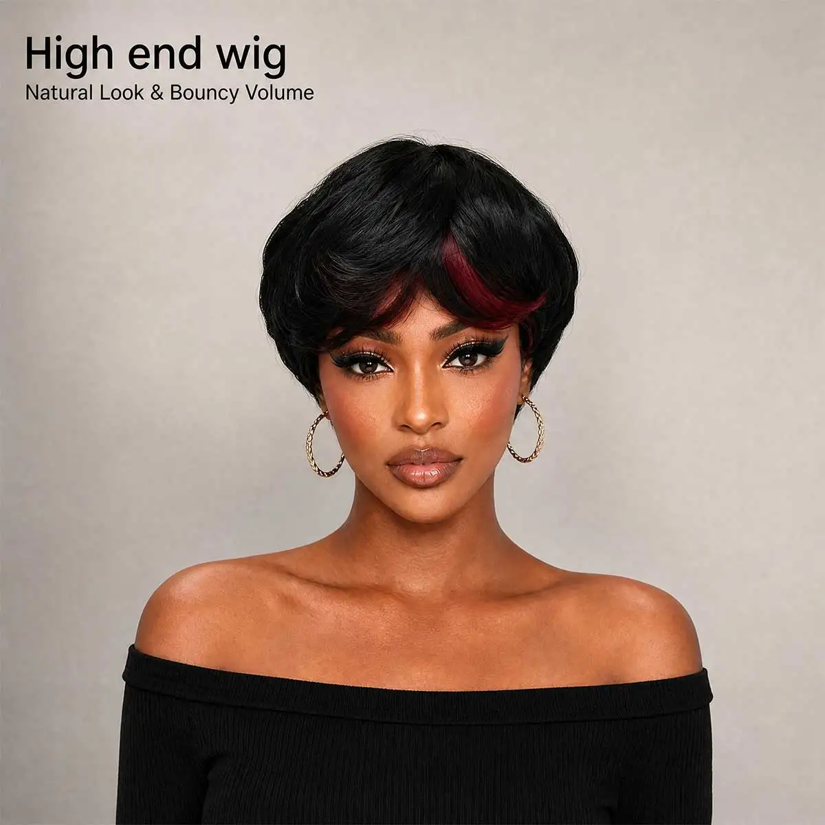 Black Short Pixie Cut Synthetic Wig with Burgundy Highlight Bangs, Heat Resistant Glueless Wear‑and‑Go Wig for Women