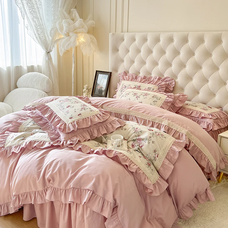 Rose Flowers Printng Bedding Set Egyptian Cotton Pink Princess Lace Ruffles Duvet Cover Bed skirt Sheet Pillowcases Home Textile