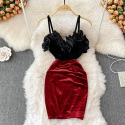 Sexy Ruched Velvet Dress Color Match Leopard Print Strap Party Dress Deep V-neck Sleeveless Club Bodycon Women's Dress Vestidos