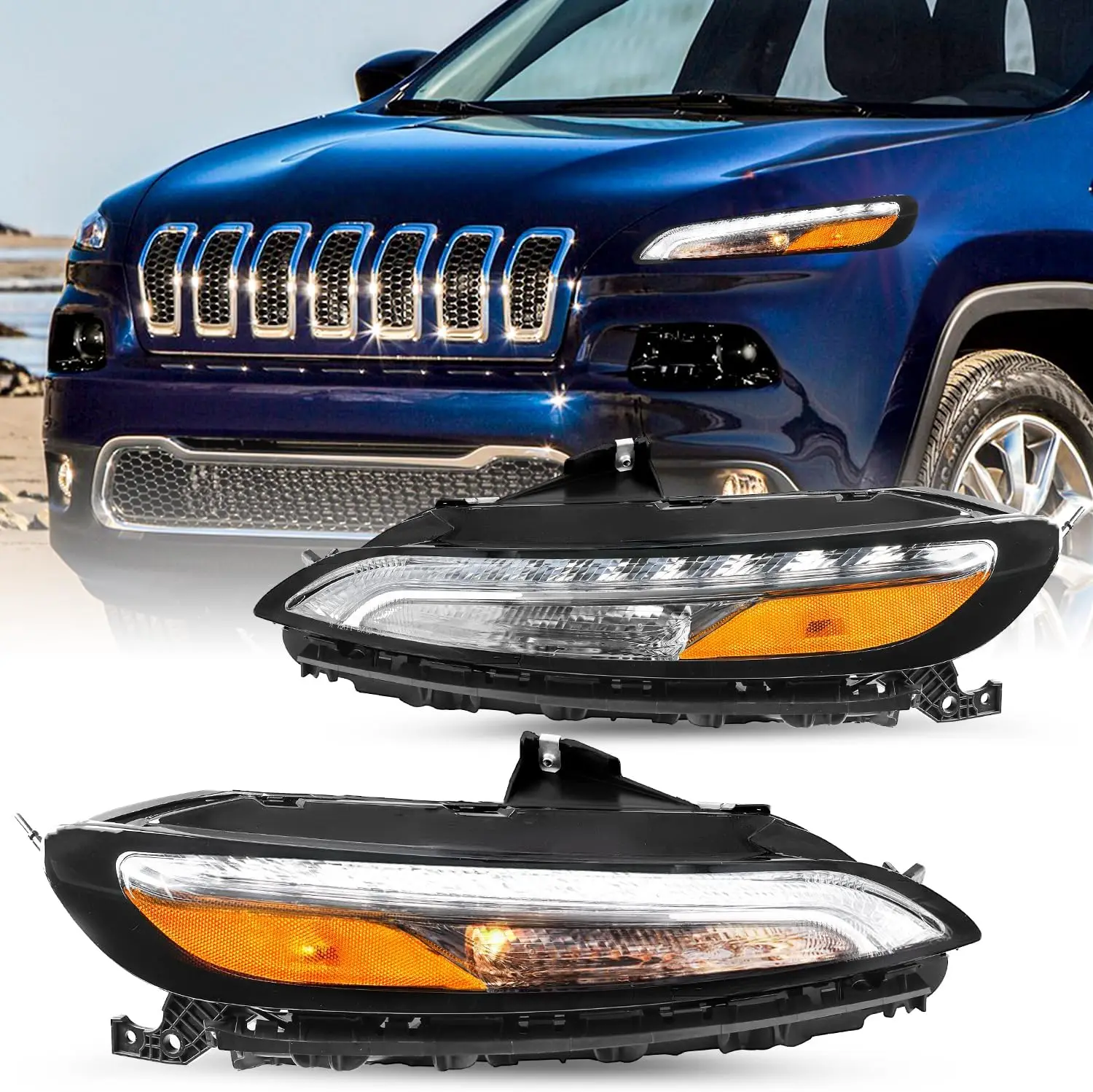 

Fit For 2014-2018 Jeep Cherokee Led DRL Parking Light Turn Signal OE Style Chrome Bumper Lamps Driver and Passenger Side LH RH