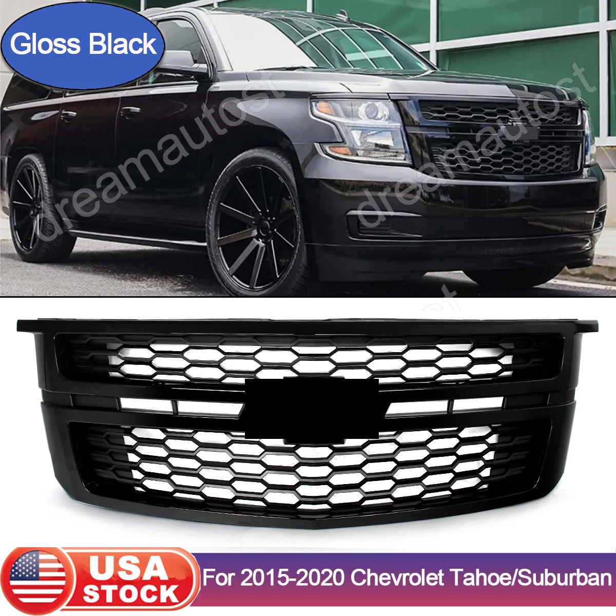 Front Grille Modified Grill For Chevrolet Tahoe 2015-2020 Front Bumper Grille Upper Hood Grills Radiator Mesh Grill Glossy Black