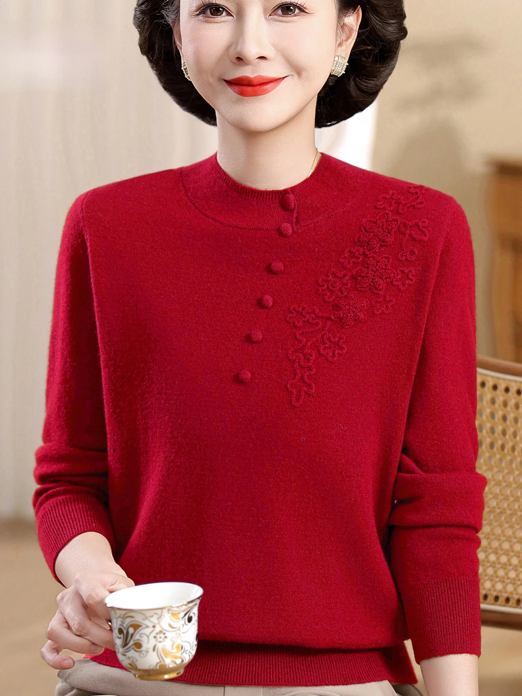 

00% Pure Wool Embroidered f High Collar Sweater Faionable Base Layer Top Warmth Assurance for Middle-Aged Women