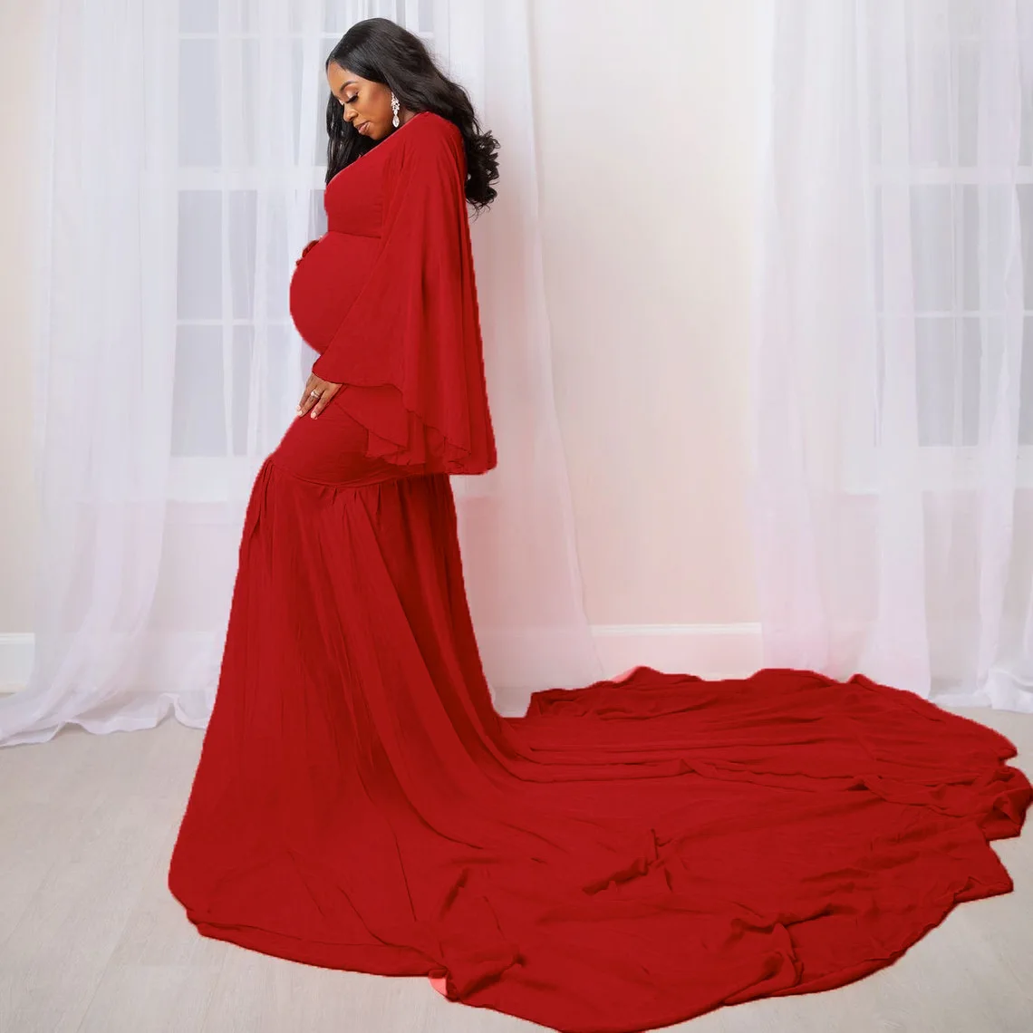 European & American Long Sleeve Lace Panel Maternity Dress Sexy Loose Fit Wedding Gown with Train Photography Baby Show