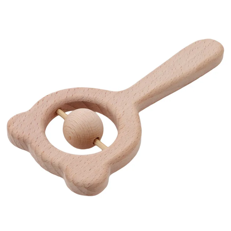 Sonajero de madera para bebé, oso de haya, anillo de madera para dentición manual, puede masticar cuentas, sonajeros para bebé, gimnasio, juguetes Montessori para cochecito