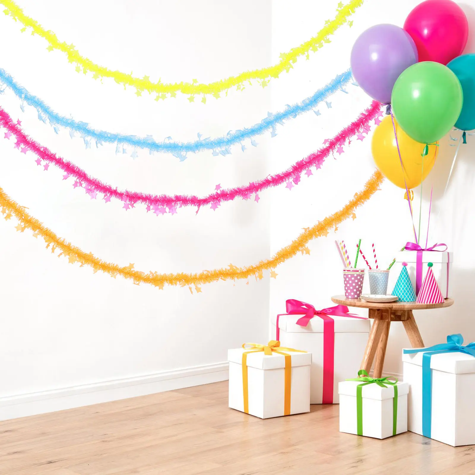 

Неоновая гирлянда-мишура цвета макарон с блестящими звездами для украшения потолка на день рождения, Рождество, свадьбу, мероприятие