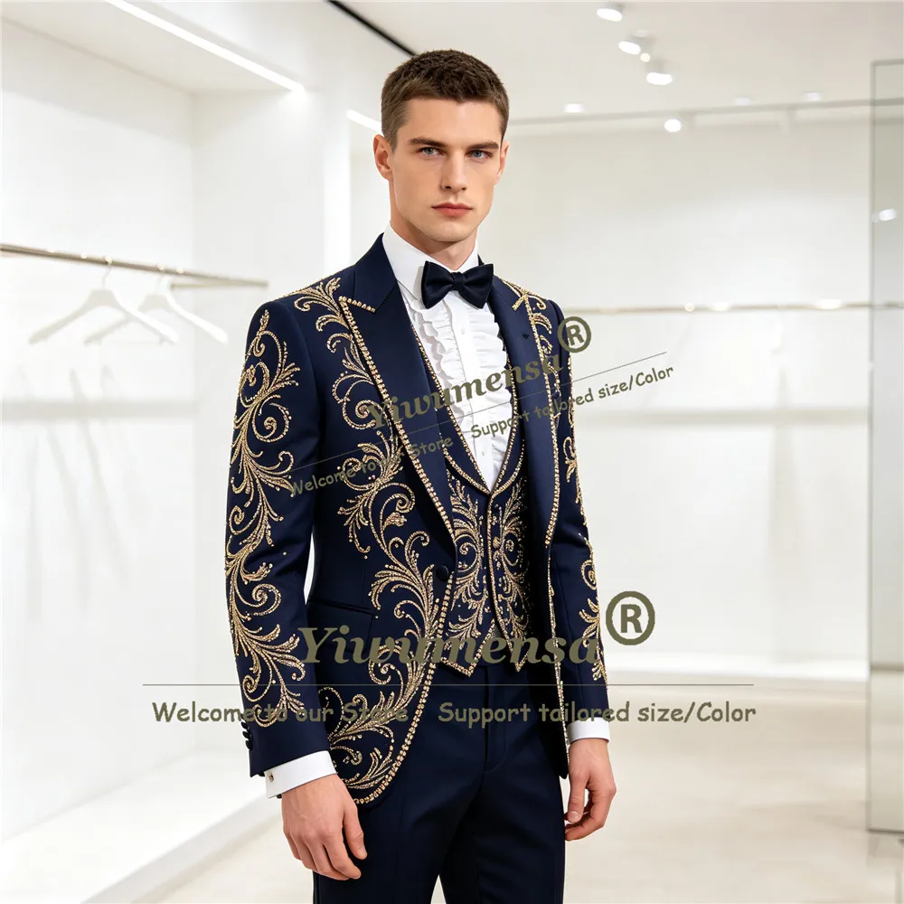 Exclusive Crystals Beading Suits Men Slim Fit Navy Blue Prom Blazer Customized Groom Formal Wear Wedding Tuxedo Terno Masculinos