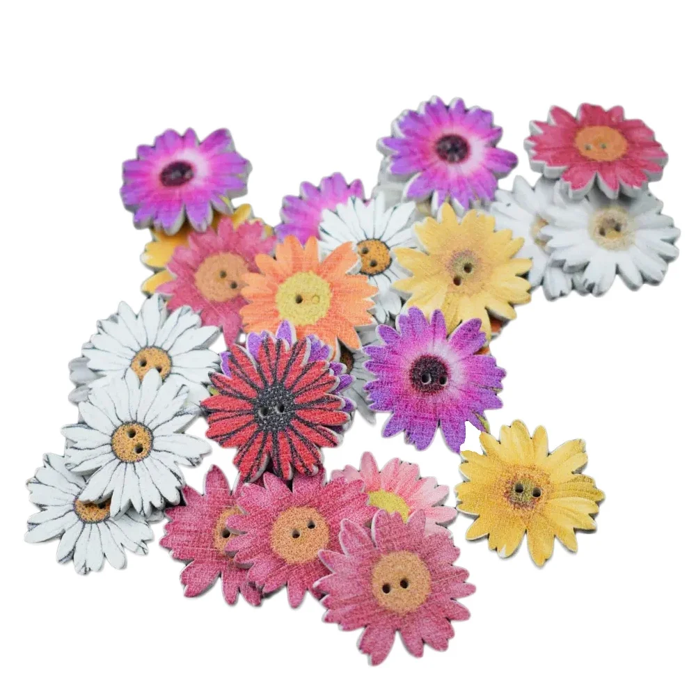 50PCS 25MM Sunflower Random Mixed Flower Painted Wooden Buttons Decorative Buttons for Sewing Scrapbooking Crafts DIY Craft