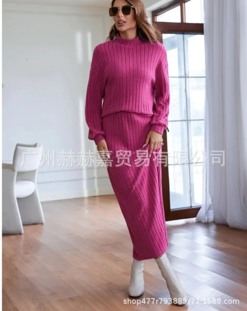 Womens Knitted Suit Autumn and Winter New Fashion Temperament Loose Half High Necked Knitted Sweater Half Skirt Two-piece Set