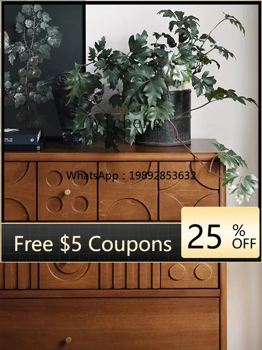 

Retro Style Five Bucket Side Cabinet All Solid Wood Carved Locker Bedroom Storage Cabinet