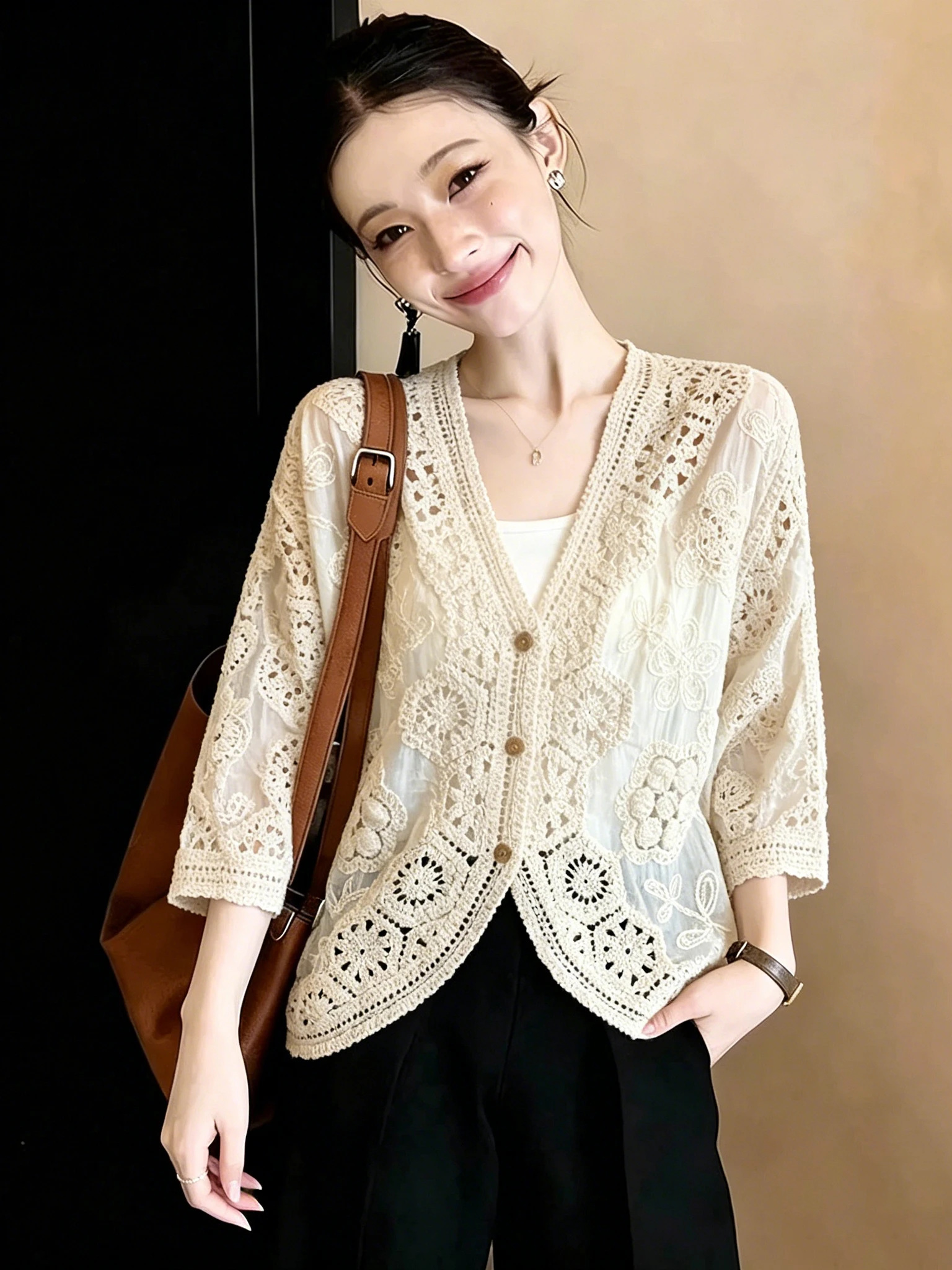 

Large Size Bohemian Style Hook Flower Hollow out V-Neck Shirt Women's Outerwear Sun Protection Open Cardigan Top