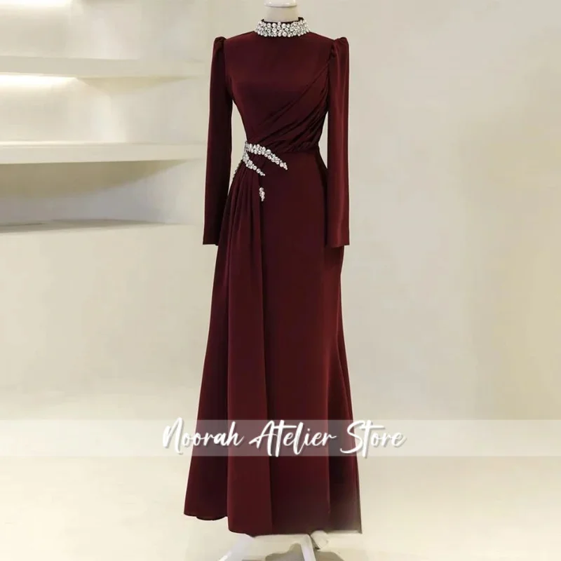 Arabische Prom Dress Aangepaste Lange Mouwen Hoge Hals Kristal Kralen Zeemeermin Avondjurken Arabische Party Gown Robe De Soiree