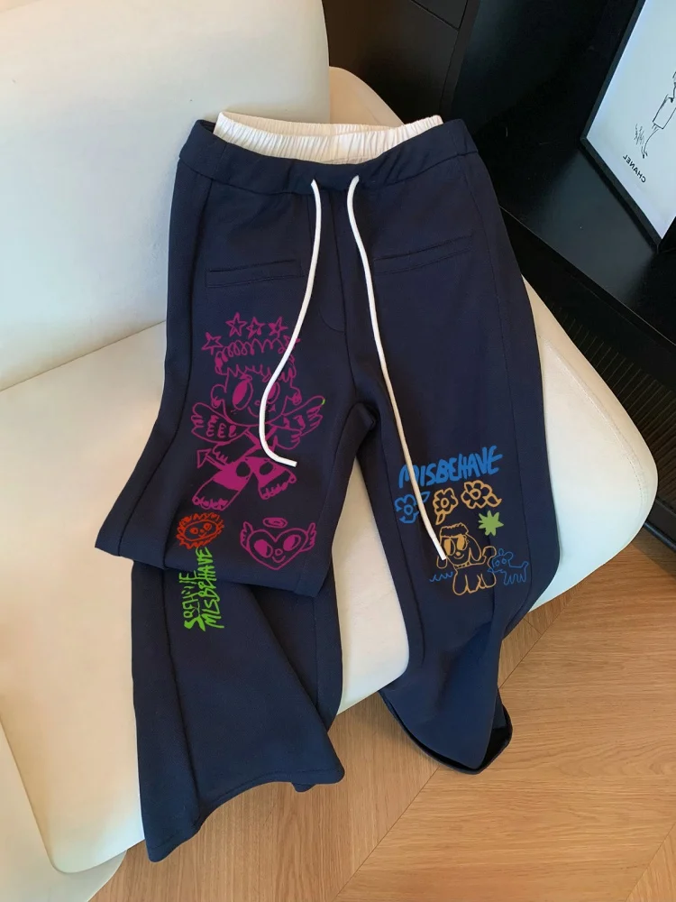 Ele Retro Print Patchwork Double Waist Casual Pants Straight Leg for Men And Women Spring Autumn American Sle Versatile