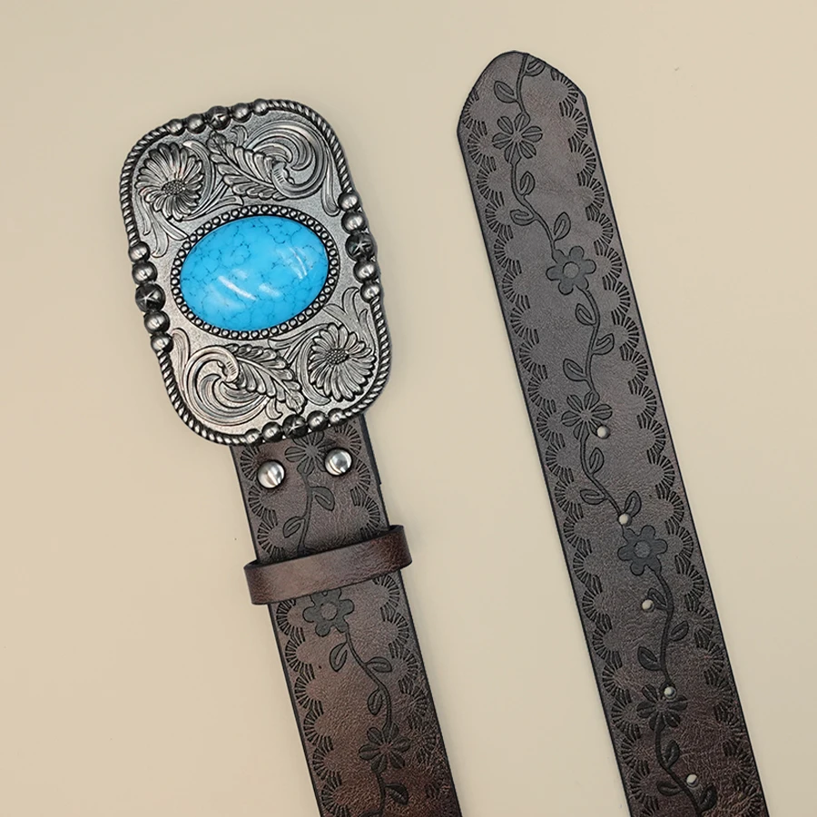 حزام نسائي غربي بني عتيق - إبزيم فيروزي أزرق منحوت، متعدد الاستخدامات للفساتين والجينز والقمصان