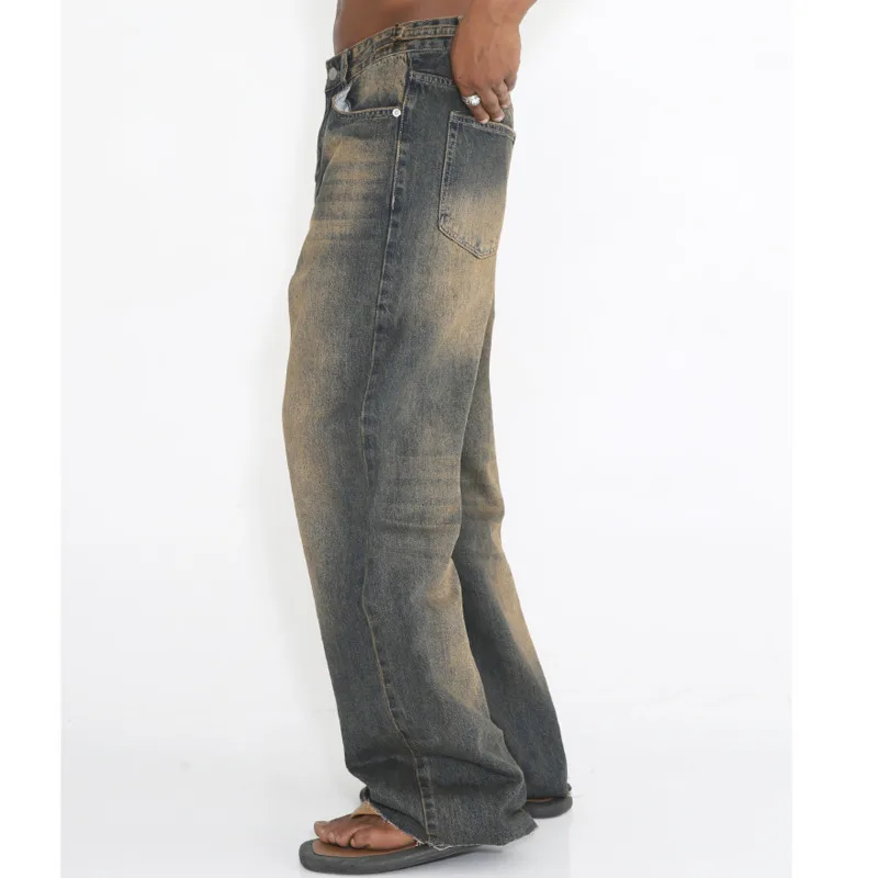 Men's fashion versatile Hong Kong style retro vintage vintage vintage, rust earth color fringed straight leg casual denim pants