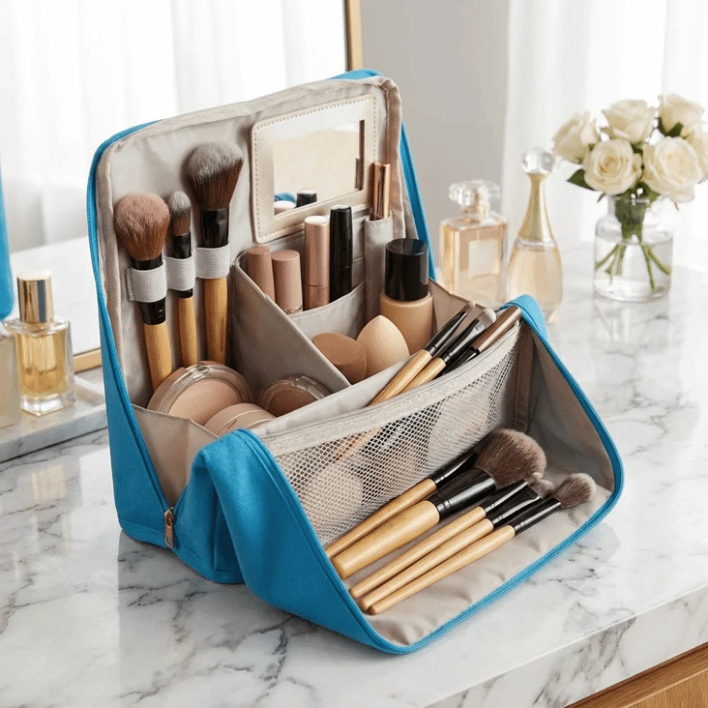 Large Capacity Vertical Makeup Bag Standable Multi-Compartment Skincare Storage Bag Portable Minimalist Cosmetic Organizer