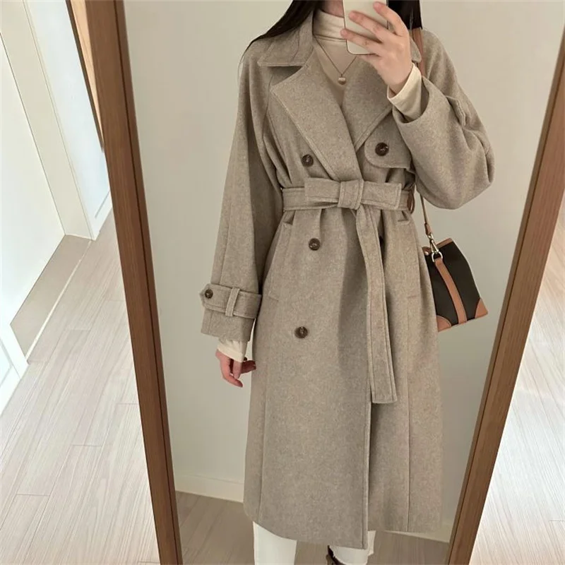 [EWQ] Korean Temperament Double Breasted Lace-up Double-faced Cashmere Coat Women Winter Thick Overcoats 2024 Autumn New 16O2722