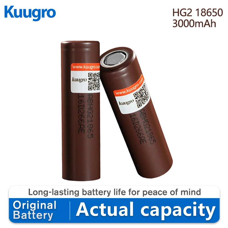 

Kuugro HG2 3.7v 18650 3000mAh Lithium Rechargeable Batteries Continuous Discharge 30A For Drone Power Tools
