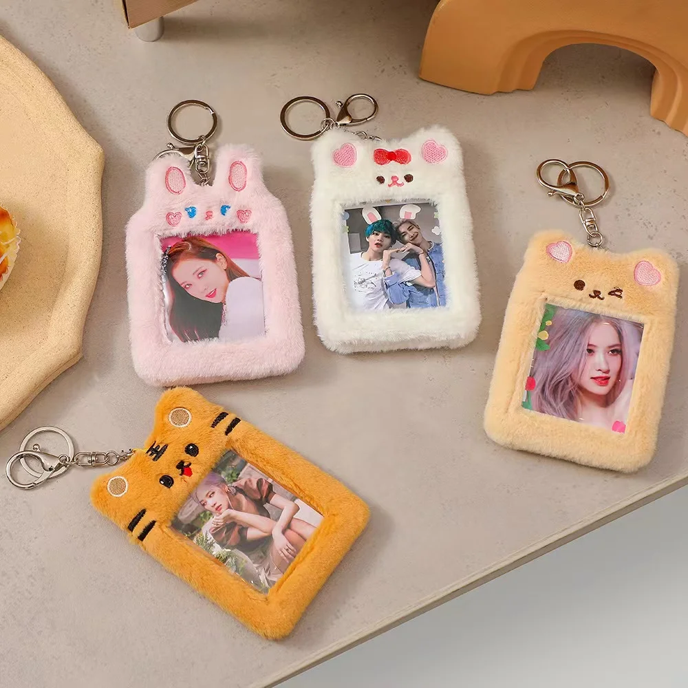 Kawaii Bear Tiger Plush Kpop Photocards Card Holder With Chain Protector Idol Photo Sleeves Credit ID Bank Card Stationery view 2