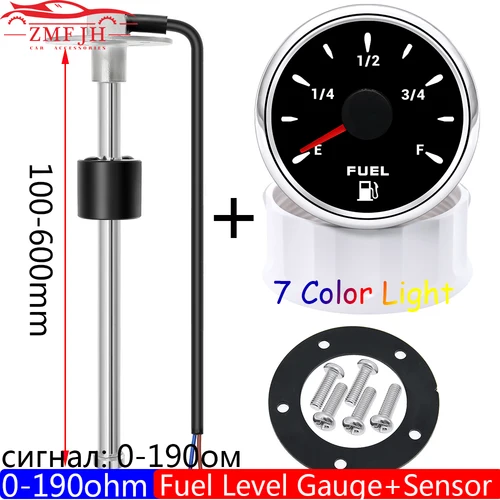 Luz de 7 colores, indicador de nivel de combustible de 2 ""52mm + Sensor de nivel de flotador de combustible de 0-190 Ohm para RV marino, Camper, indicador de nivel de tanque de aceite de coche, 9-32V