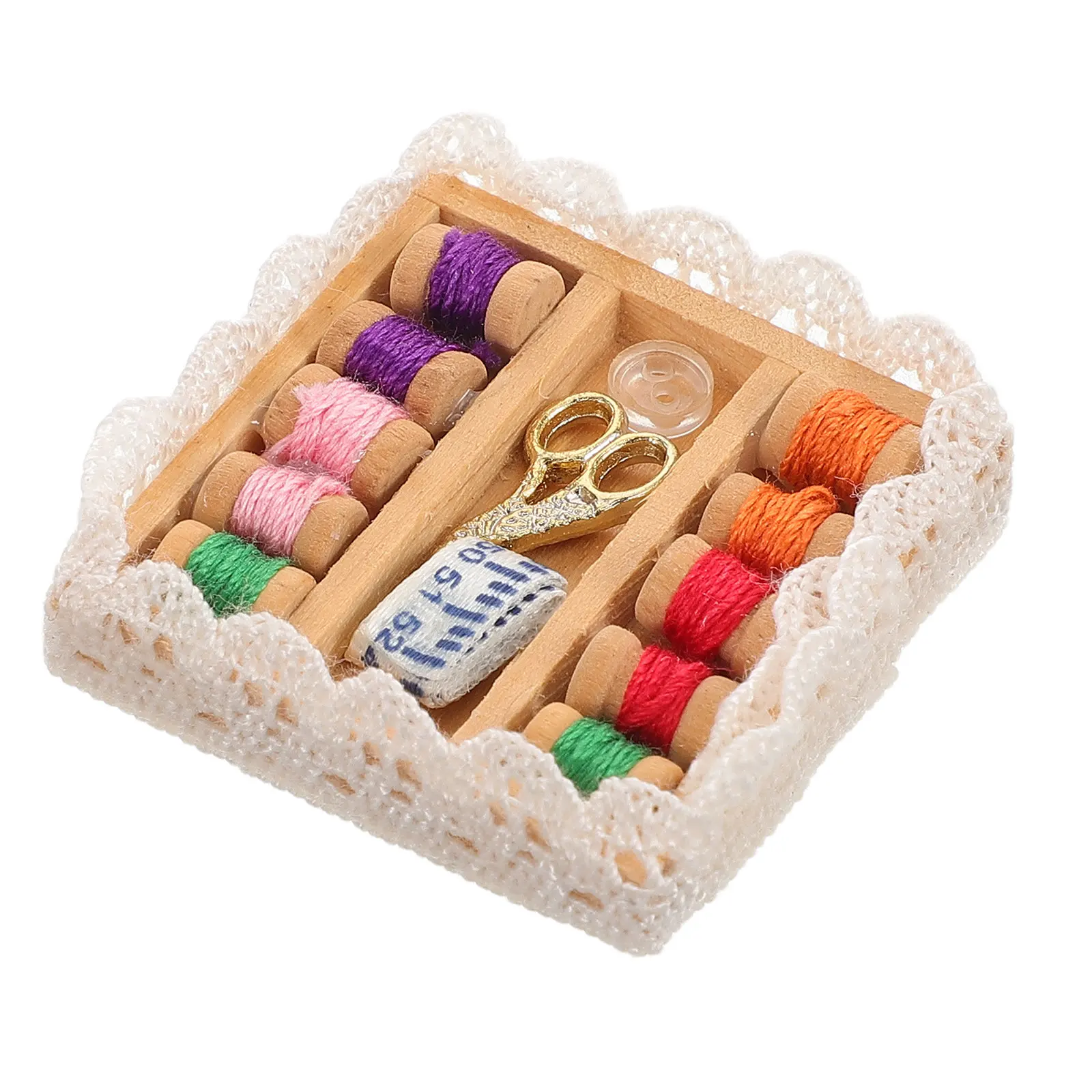 1Set Miniature Sewing Accessories Realistic Wooden Sewing Box for Tiny House Decor Miniature Tailor Kit with Detailed Items view 4