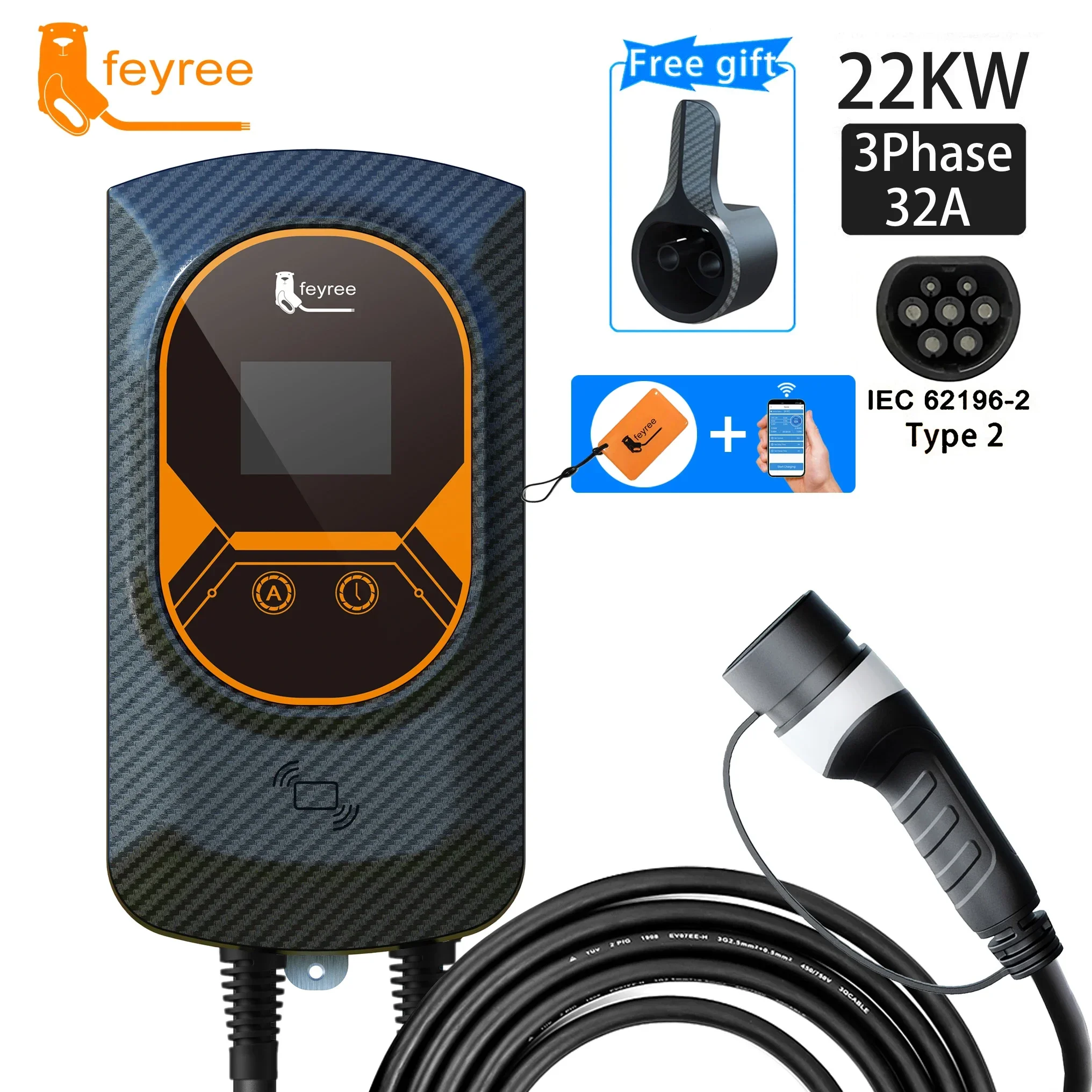 EVSE Wallbox Type2 Cable 32A 7.6KW EV Car Charger 11KW 22KW 3 Phase Charging Station APP RFID Cards Control for Electric Vehicle