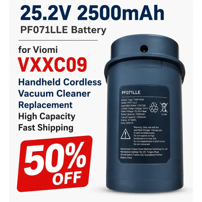 

25.2V 2500mAh PF071LLE Battery for Viomi VXXC09 Handheld Cordless Vacuum Cleaner Replacement High Capacity Fast Shipping