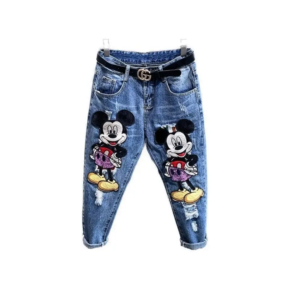 Celana longgar bergaya Mickey lucu kartun Disney untuk wanita, celana denim lurus ramping bersulam musim semi dan musim gugur yang baru, hadiah.