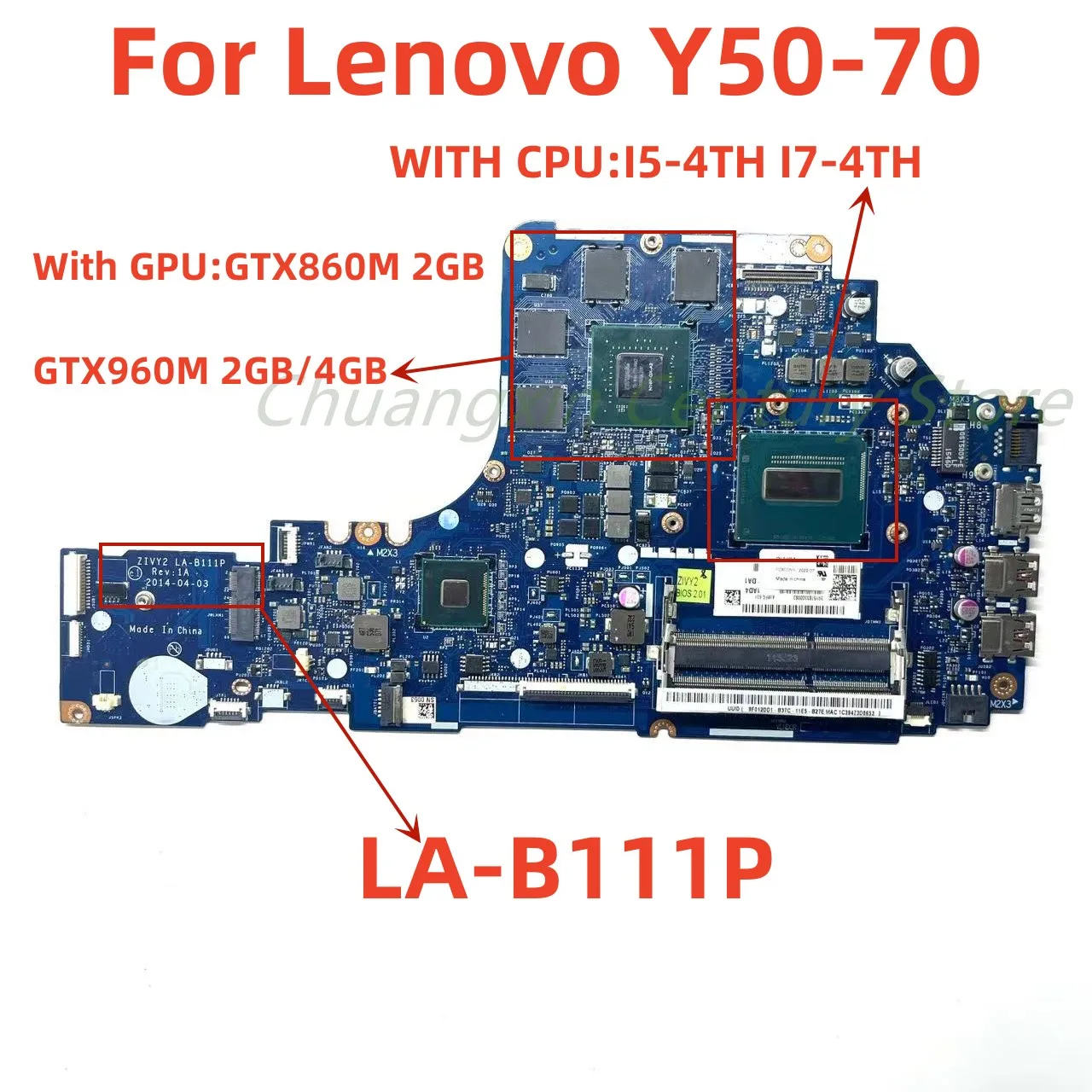 LA-B111P motherboard for Lenovo Y50-70 laptop with CPU I5 I7 GPU GTX860M GTX960M 2G/4G 100% working shipping