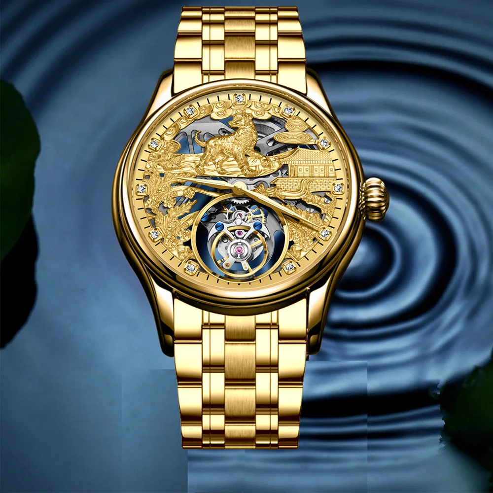 

AESOP Зодиак Золотые мужские механические наручные часы с турбийоном и ручным ветром со светящимся рисунком собачьего скелета, полые сапфировые кристаллы