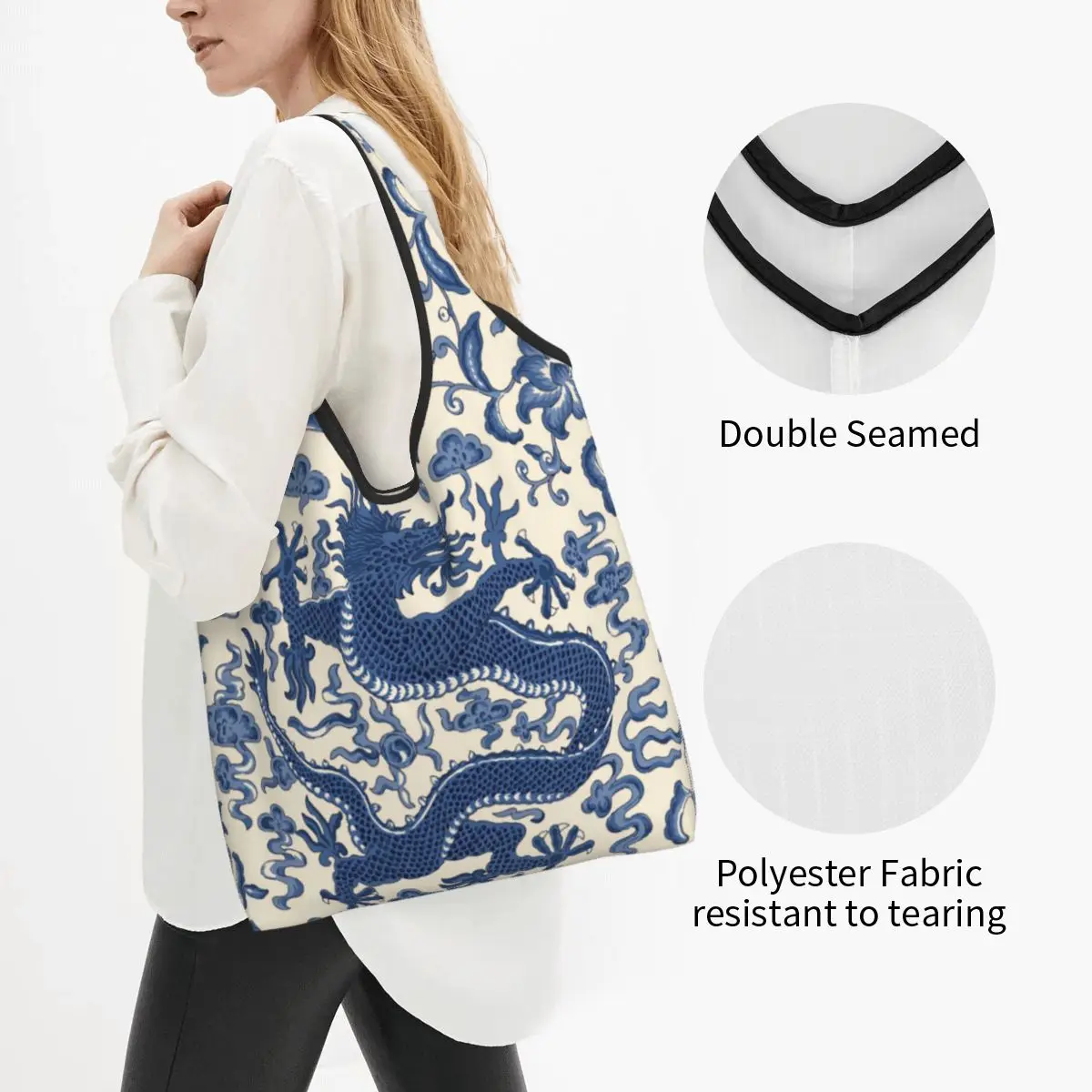 Fashion Printed Blue Indigo Chinoiserie Chien Dragon Tote Shopping Bag Portable Shoulder Shopper Oriental Style Handbag