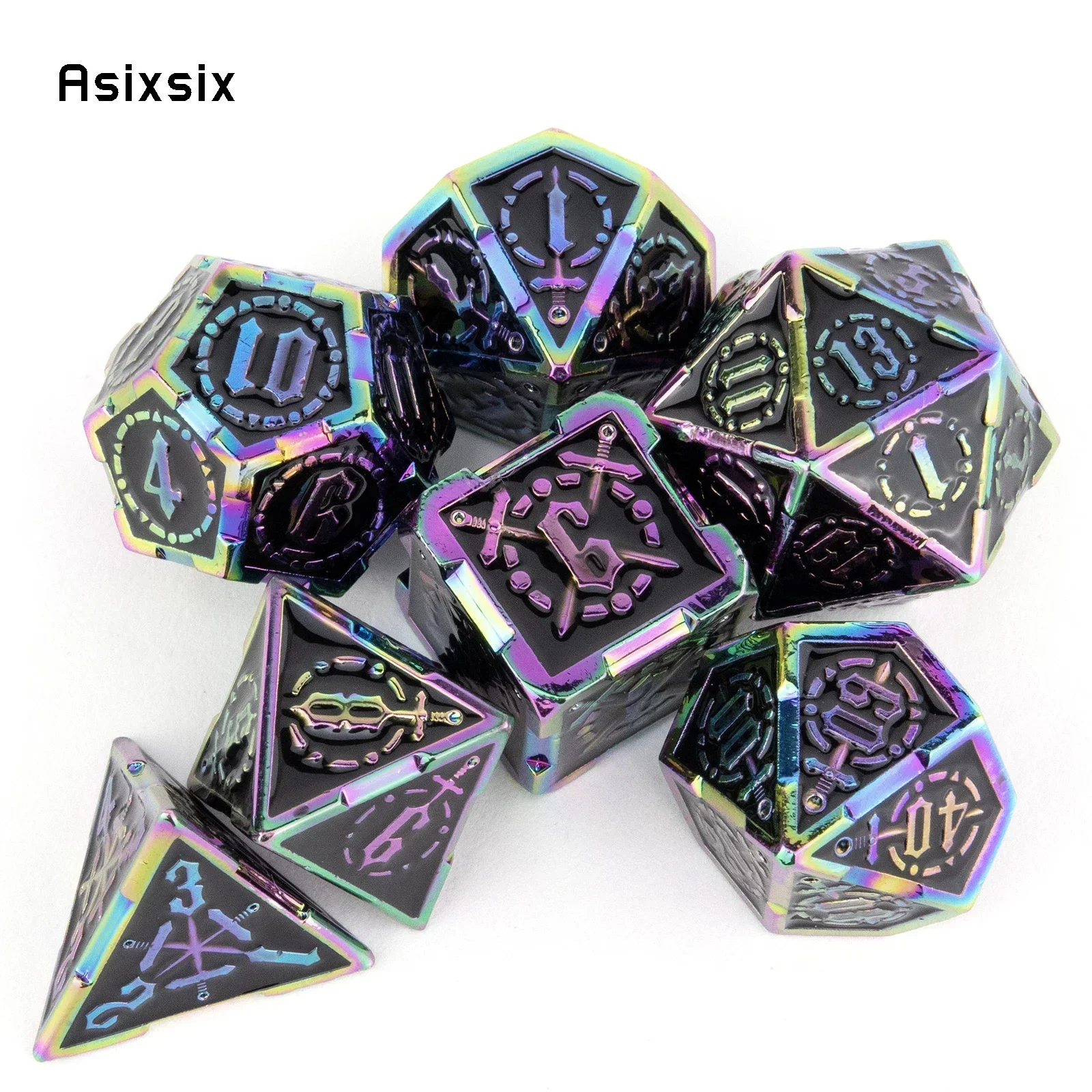 7 Pcs Colorful Double Swords Metal Dice Solid Polyhedral Dice Set Suitable for Role-Playing RPG    Board Party Dice Prop