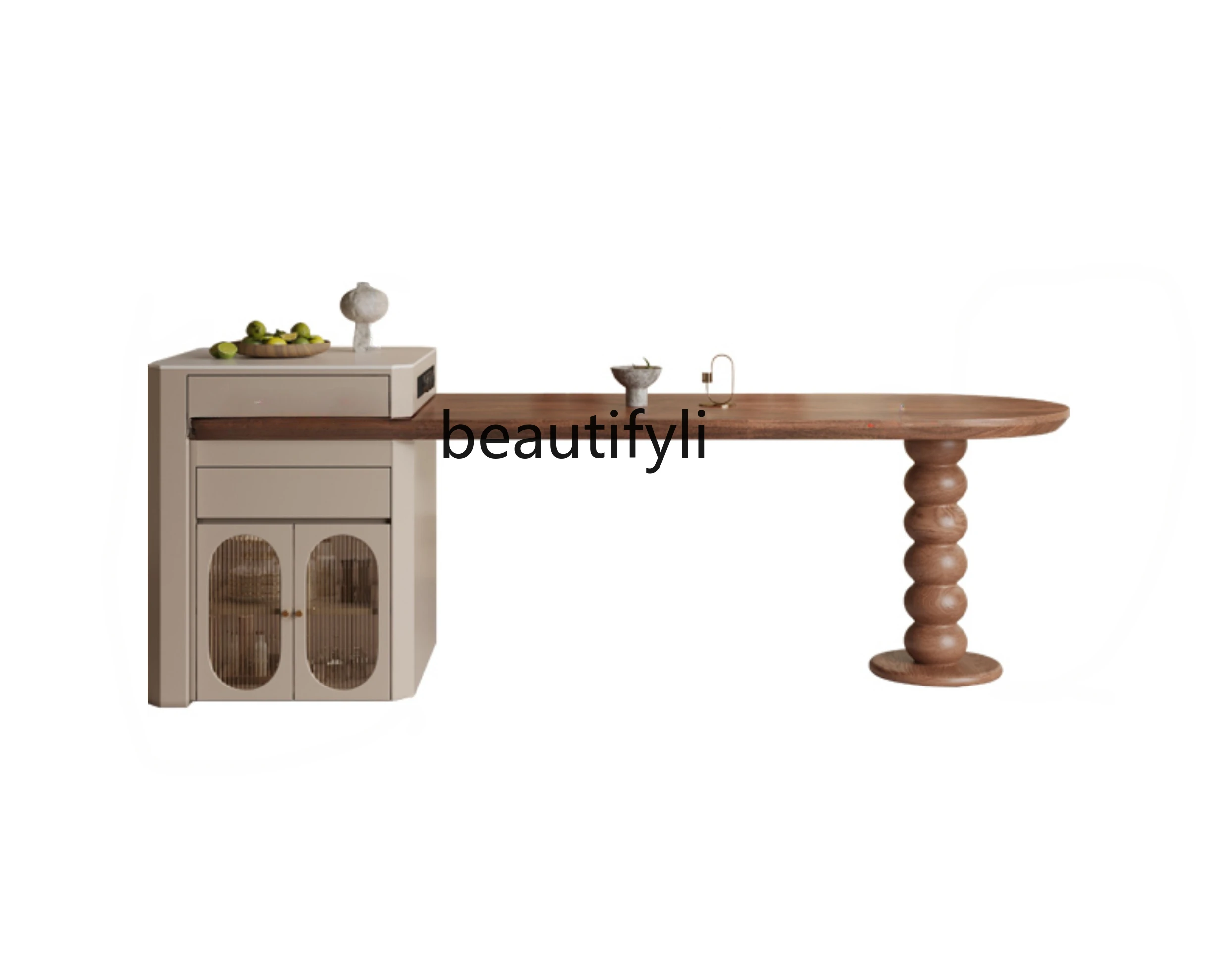 Chinese Style Walnut Color Kitchen Island Dining Table Integrated Retractable Household Kitchen Solid Wood Multi-Functional