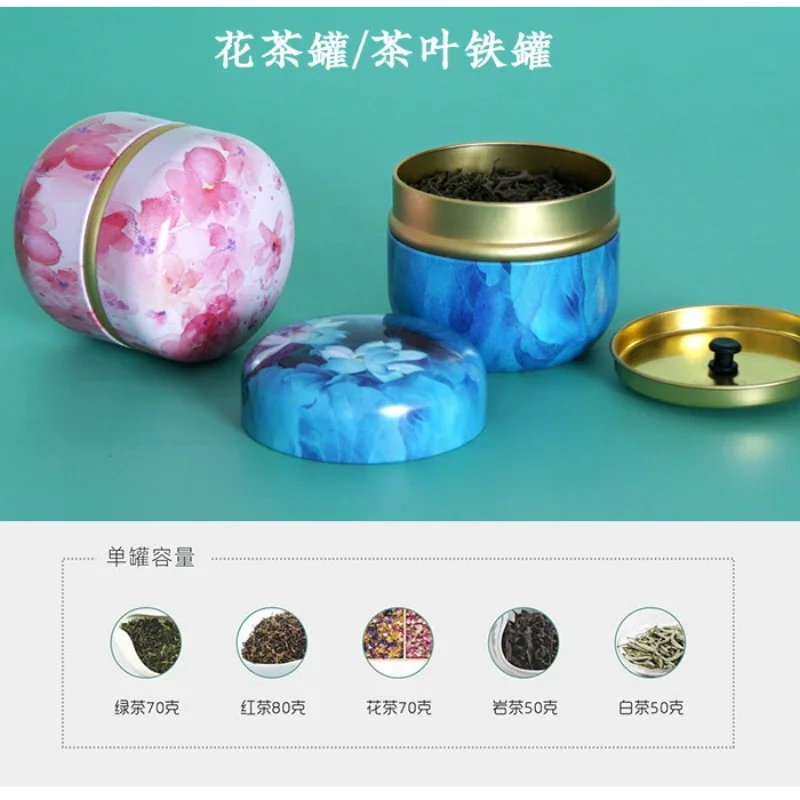 Tea Box  Tinplate Caddy Household Portable Sealed Tea Packaging Box  Japanese Style Flower Tea Round Small Tin Containers