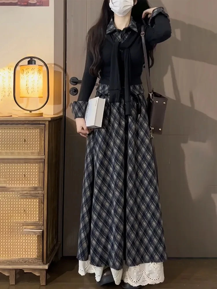 

Корейский облегающий вязаный топ и юбка, комплект из двух предметов, женский модный осенне-зимний клетчатый кружевной ансамбль