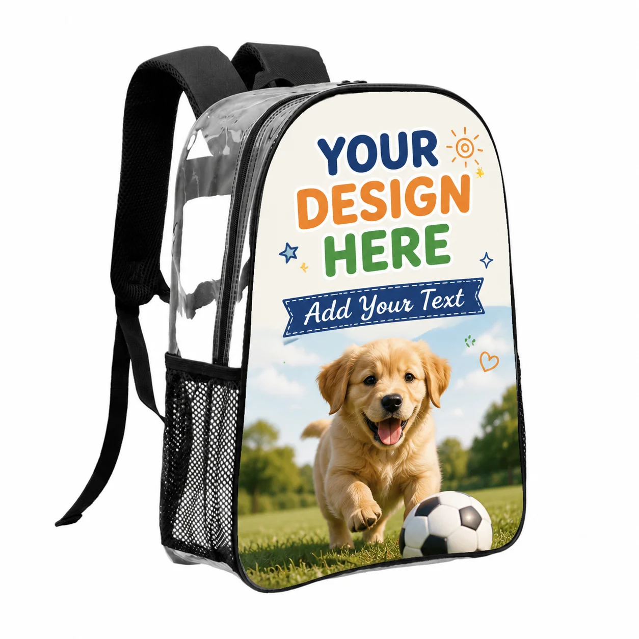 Personalized Custom Pattern Clear PVC Backpack Stadium Approved Waterproof Side Mesh Casual School Backpack