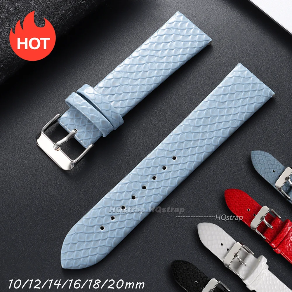 Bracelet de montre en cuir à motif serpent, 10mm, 12mm, 14mm, 16mm, 18mm, 20mm, universel, pour Seiko, pour Rolex, accessoires en cuir de vache