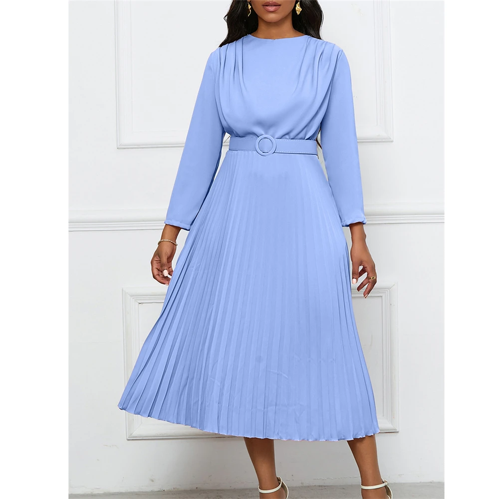 Spring Summer Midi Pleated Dress Long Sleeve Office Lady Africa Sashes Women High Waist OL Style Elegant Dresses Vestidos Gown