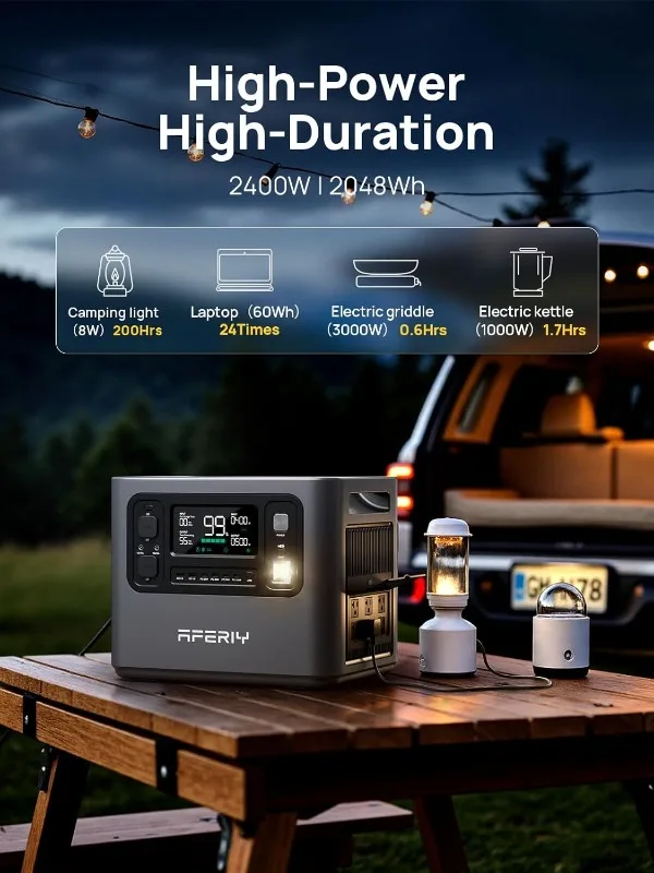 ملحقات المولدات الشمسية، محطة طاقة محمولة LiFePO4 بقدرة 2400 وات 2048 وات في الساعة مع شحن بالطاقة الشمسية بقدرة 1100 وات تيار متردد/500 وات، UPS لموجة جيبية نقية