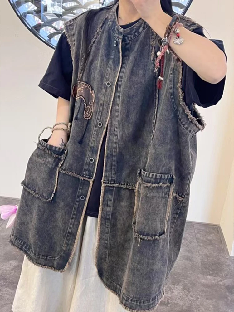AmaxluluE Zomer Vintage Mouwloze Jassen Damesmode Lange Denim Vest Vrouwtjes Losse Patchwork Vesten Vrije tijd Streetwear