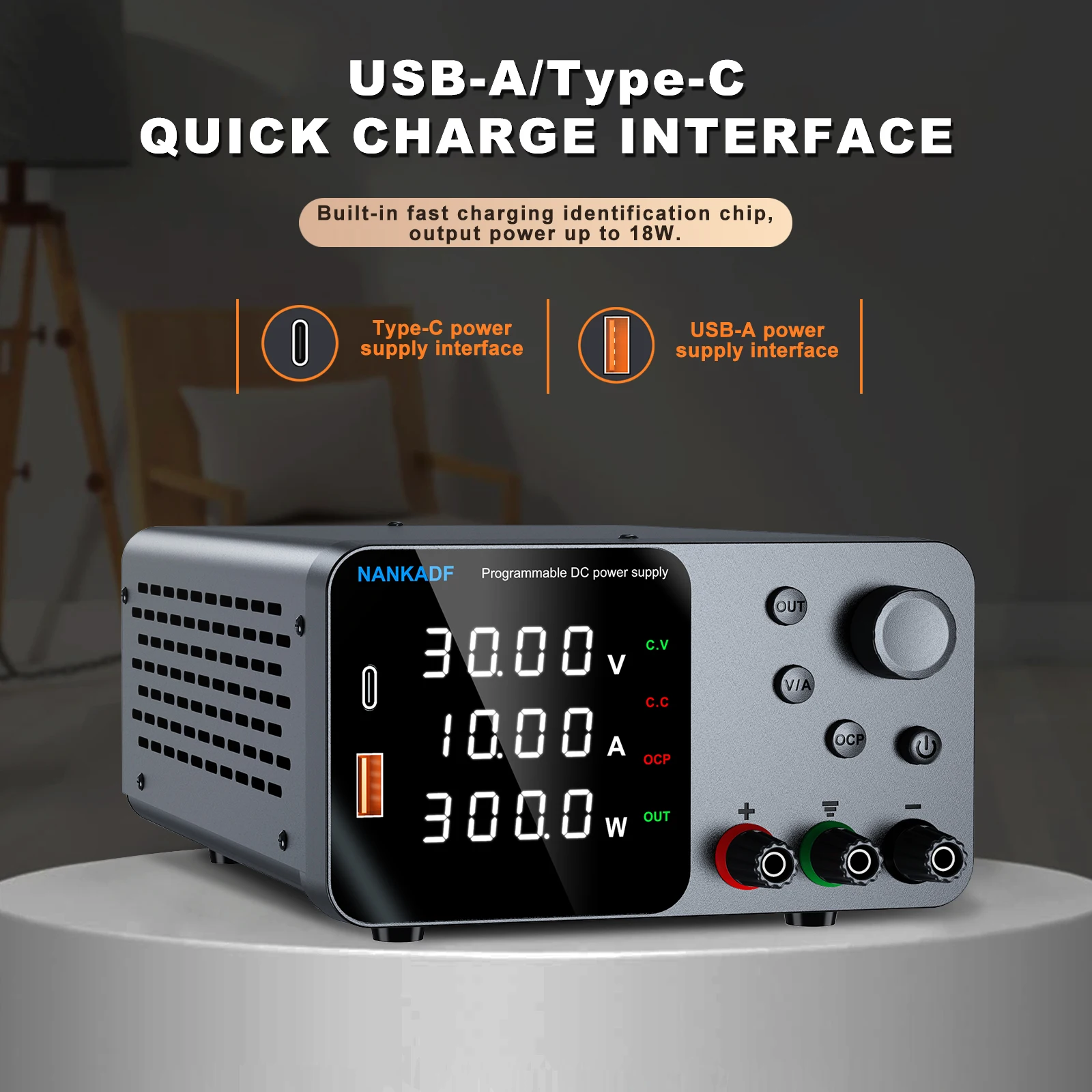 30V 10A Lab Adjustable DC Power Supply with 4-Digit LED Display; USB-A/Type-C 5V/3.6A Fast Charge with Encoder Adjustment