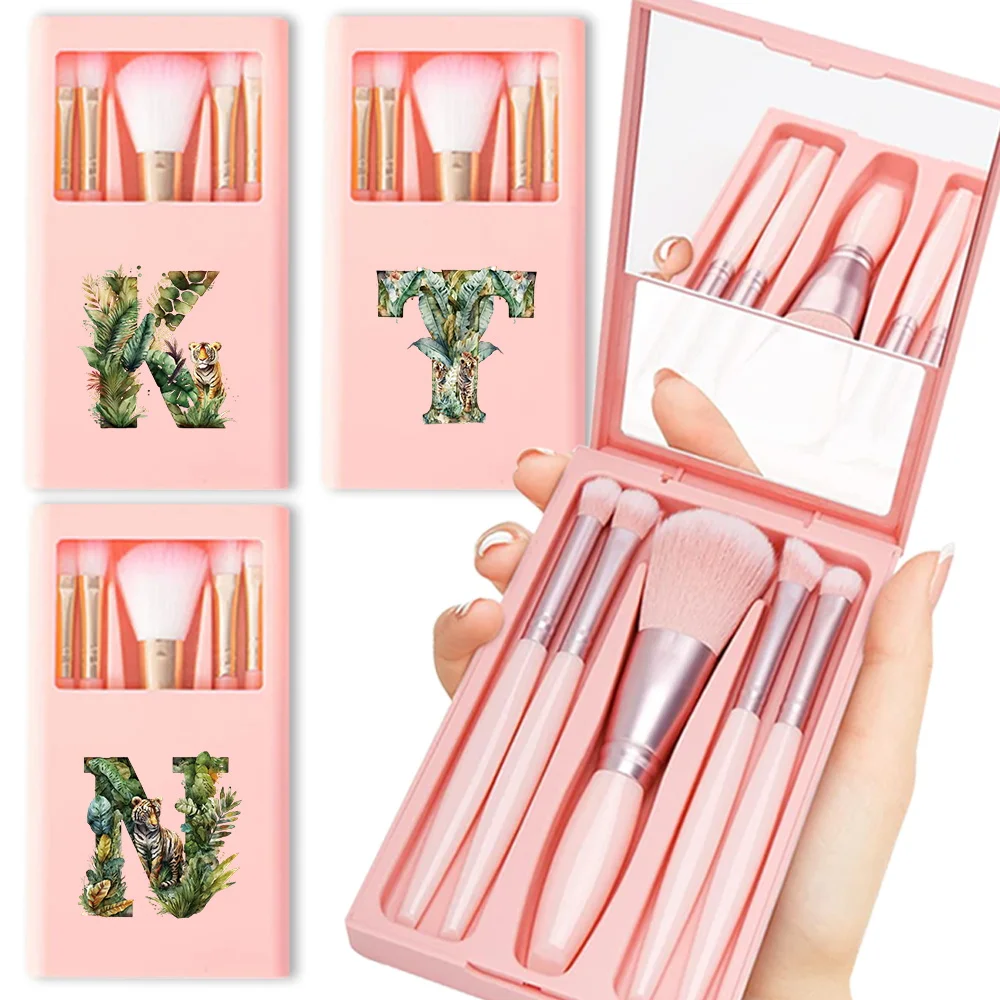 

5Pcs Makeup Brush Set With Mirror Box Travel Organizer Portable Cosmetic Brush Kit Beauty Tools Bag Jungle Tiger Letter Pattern